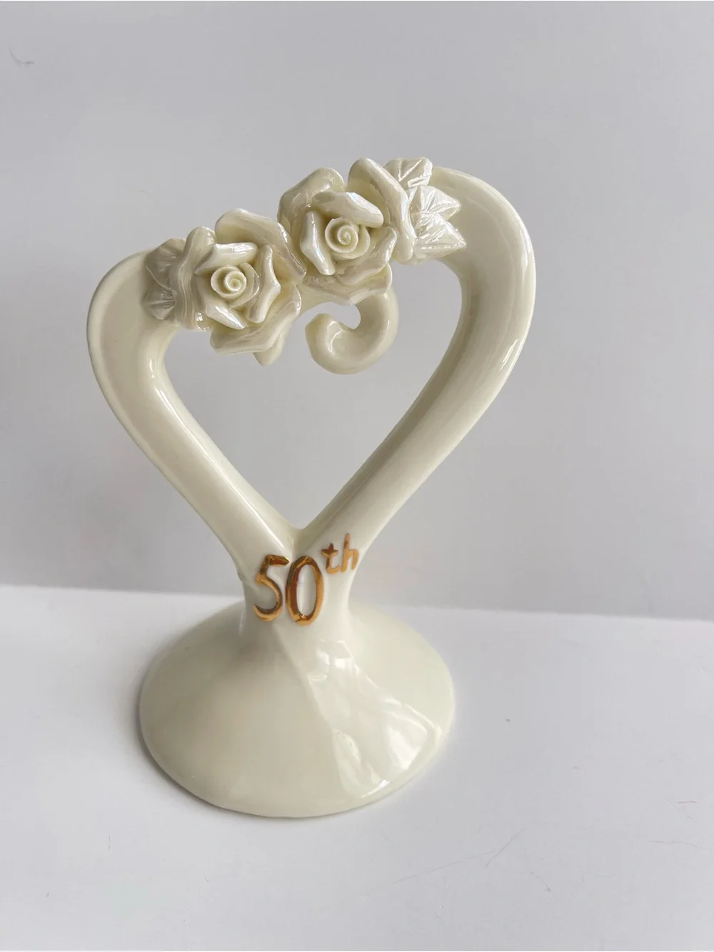 50th Anniversary Cream Ceramic Heart Figurine with Roses